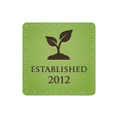 Green square patch with stitched border. Features a silhouette of a sprout with two leaves and the text "ESTABLISHED 2012."