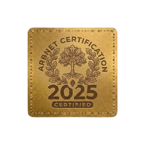 Gold square patch with stitched border. Features an ArbNet certification emblem with a tree and the text "2025."